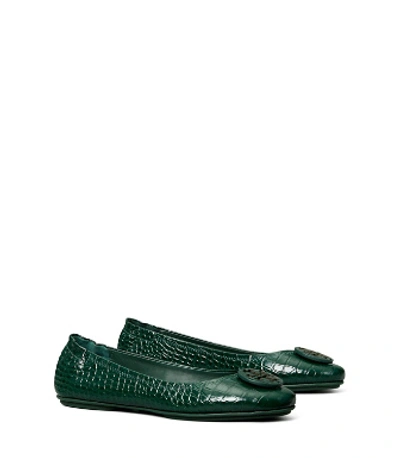Tory Burch Minnie Travel Ballet Flat, Embossed Leather In Green