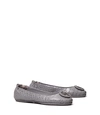 Tory Burch Minnie Embellished Croc-effect Leather Ballet Flats In Zinc Croc
