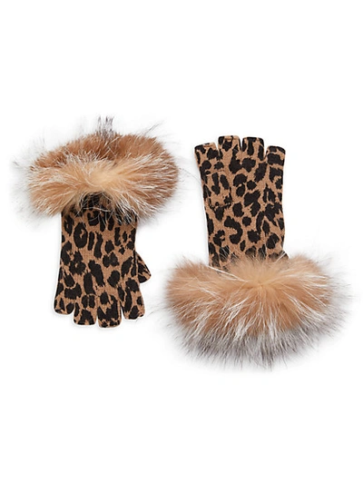 Sofia Cashmere Leopard-print Fox Fur-trim & Cashmere Fingerless Gloves In Cheetah