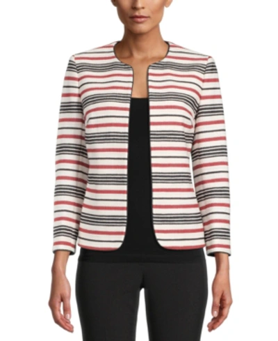 Anne Klein Stripe Cotton Blend Collarless Jacket In Cinnamon Combo