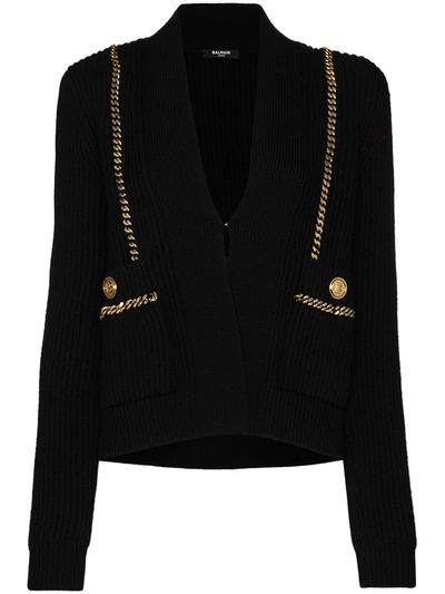 Balmain Chain-trim Ribbed-knit Cardigan In Black