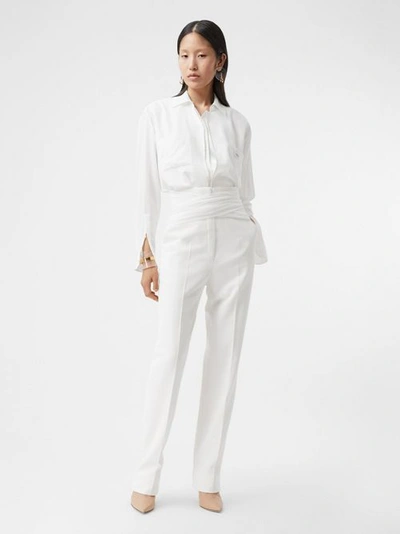 Burberry Sash Detail Technical Wool Tailored Trousers In Optic White