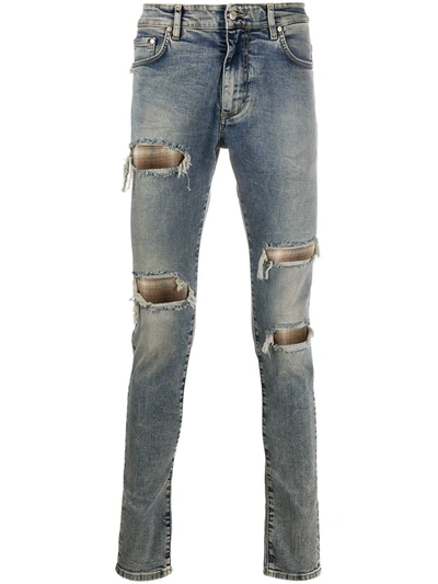 Represent Distressed Flannel-layered Jeans In Blue