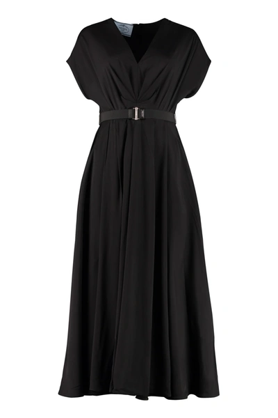 Prada Gathered Flared Crepe Dress In Black