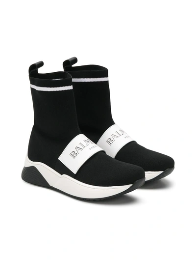 Balmain Teen Logo Strap Sock Trainers In Black