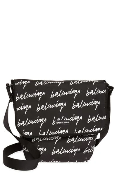 Balenciaga Explorer Logo Script Messenger Bag In Black/ White