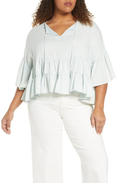 Adyson Parker Plus Size Ruffle Tier Woven Top In Pale Chambray