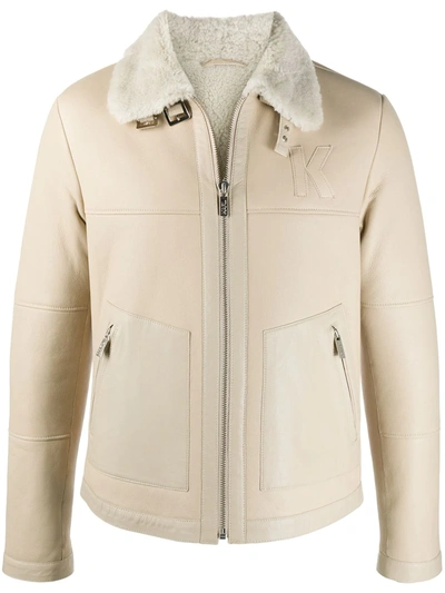 Karl Lagerfeld Shearling Trim Leather Jacket In Neutrals