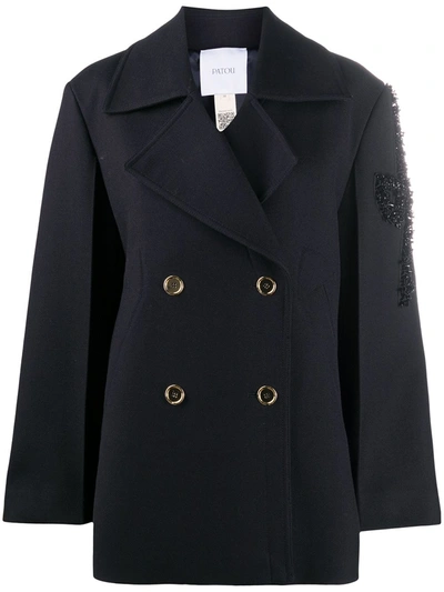 Patou Double-breasted Embroidered Peacoat In Blue