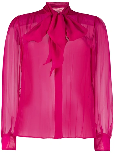 Saint Laurent Pussy Bow Sheer Blouse In Rosa