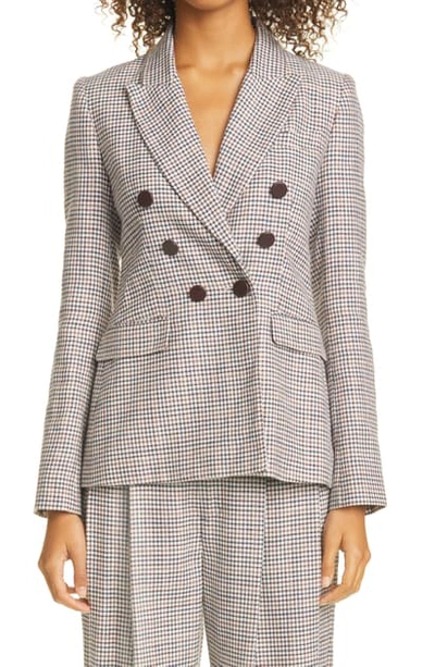 Adam Lippes Plaid Double Breasted Silk, Linen & Wool Blazer In Plum / Navy Check