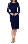 Xscape Lace Applique Long Sleeve Cocktail Dress In Navy/ Navy