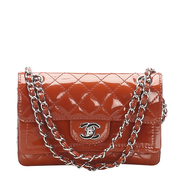 Pre-Owned Chanel Orange Patent Leather Classic New Mini Double Flap Bag ...