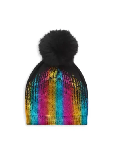 Adrienne Landau Women's Fox Fur Pom-pom Metallic Wool-blend Beanie In Black