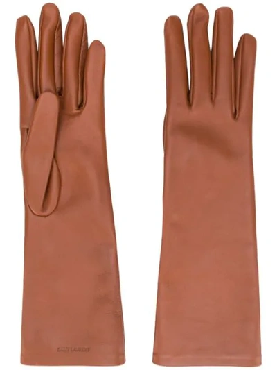 Saint Laurent Logo-debossed 5-finger Gloves In Brown