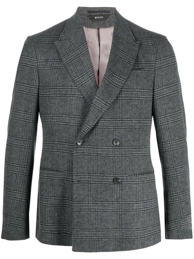 Z Zegna Double-breasted Checked Blazer In Grey