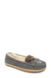 Minnetonka Tilia Faux Fur Lined Moccasin Slipper In Grey Suede