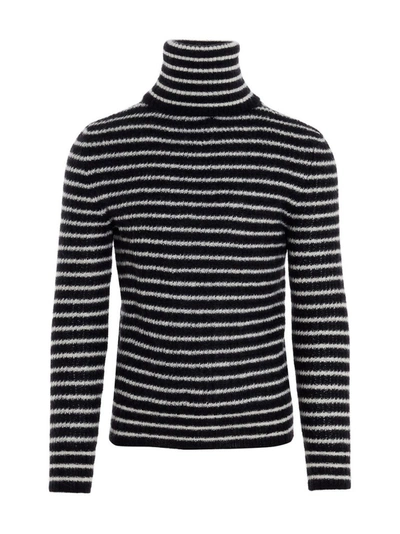 Saint Laurent Striped Turtleneck Sweater In Black