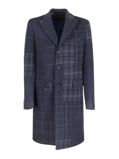 Etro Coat In Patchwork Check Wool In Blue