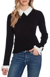 Cece Imitation Pearl Peter Pan Collar Cotton Sweater In Rich Black