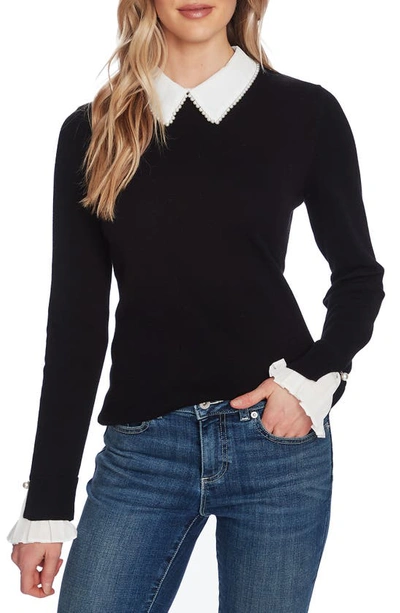 CECE CECE IMITATION PEARL PETER PAN COLLAR COTTON SWEATER,7050221