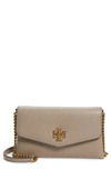 Tory Burch Kira Pebble Leather Wallet On A Chain In Grey