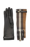 BURBERRY CASHMERE LINED CHECK & LEATHER GLOVES,8036314