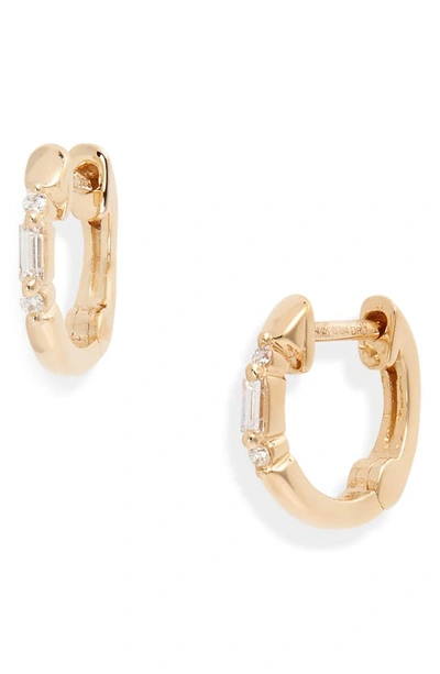 Dana Rebecca Designs Sadie Pearl Mini Baguette Diamond Huggie Hoop Earrings In Yellow Gold