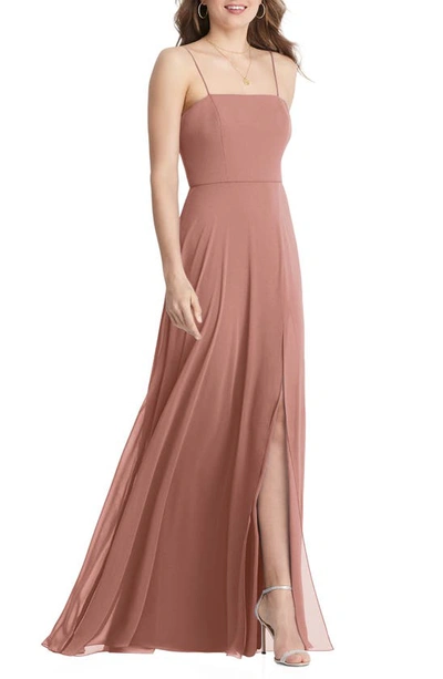 Lovely Elliott Square Neck Chiffon Maxi Dress With Front Slit In Pink