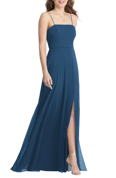 Lovely Elliott Square Neck Chiffon Maxi Dress With Front Slit In Blue