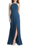 Lovely Lela High Neck Chiffon Maxi Dress With Front Slit In Blue