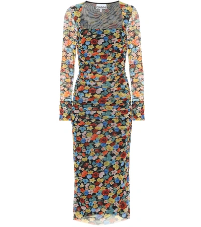 Ganni Floral-print Ruched Midi Dress In Multicolor