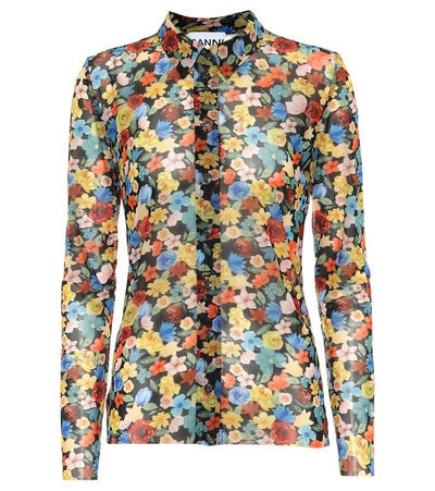 Ganni Floral-print Stretch-mesh Shirt In Multi