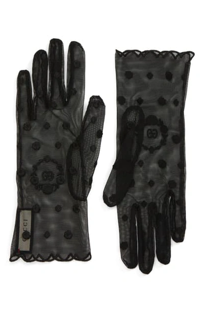 Gucci Gg Laurel Embroidered Tulle Gloves In Black/ Black