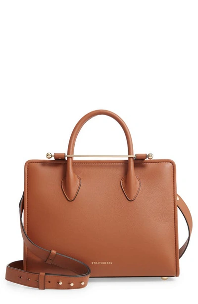 Strathberry Midi Metal Bar Leather Tote Bag In Chestnut