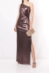 MARCHESA NOTTE METALLIC ONE SHOULDER GOWN,MN20PFG2124-6