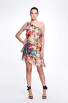 MARCHESA NOTTE ONE SHOULDER ASYMMETRICAL TIERED PRINTED CHIFFON MINI COCKTAIL DRESS,MN21SD2391R-14
