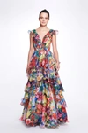 MARCHESA NOTTE SLEEVELESS V-NECK TIERED PRINTED CHIFFON GOWN,MN21SG2377R-16