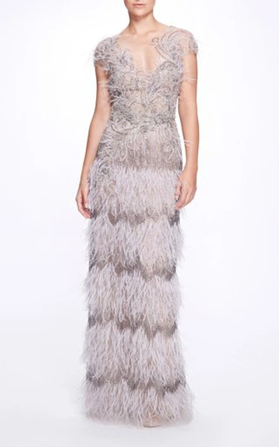 Marchesa Beaded Ostrich Feather Column Gown In Silver