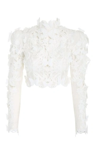 Zimmermann Wavelength Cropped Fringe-trimmed Silk Macramé Lace Top In Weiss