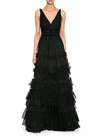 Marchesa Ruffle Tiered Glitter Texture Gown In Black