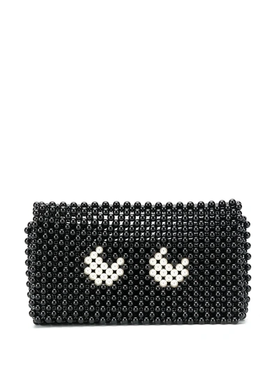 Anya Hindmarch Eyes Leather-trimmed Beaded Clutch In Black