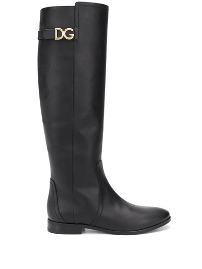 Dolce & Gabbana Knee-length Logo Plaque Boots In Black