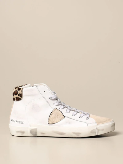 Philippe Model Paris X High Sneaker In White Leather And Spotted Spoiler In Bianco