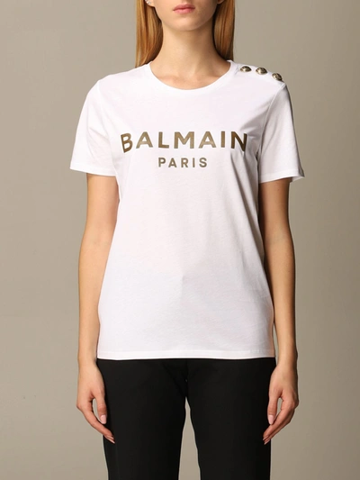 Balmain T-shirt With Logo And Jewel Buttons In White