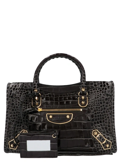 Balenciaga Metallic City S Shoulder Bag In Croc-embossed Calfskin In Black