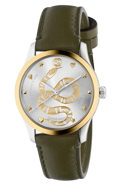 Gucci Men's 38mm G-timeless 2-tone Snake Watch W/ Leather Strap In Olive