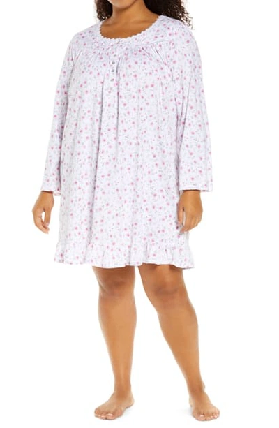 Eileen West Floral Cotton Knit Long Sleeve Nightgown In White Ground Pink/grey Floral