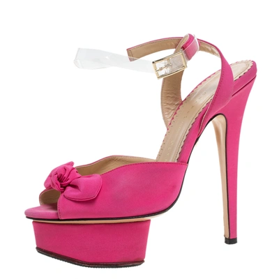 Pre-owned Charlotte Olympia Pink Satin Serena Bow Ankle Strap Platform Sandals Size 36.5