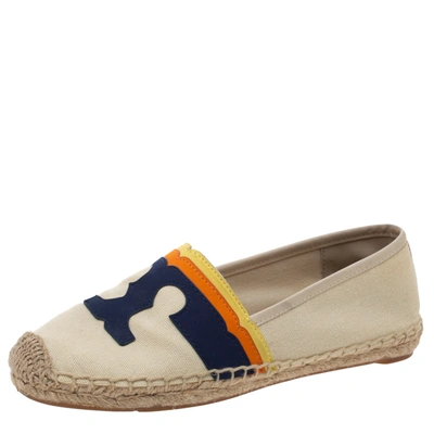 Pre-owned Tory Burch Beige Canvas Espadrille Flats Size 37